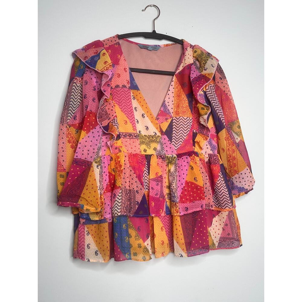 Aarke Ritu‎ Kumar Pink Patchwork Paisley Ruffle Peplum Blouse Top Womens Medium